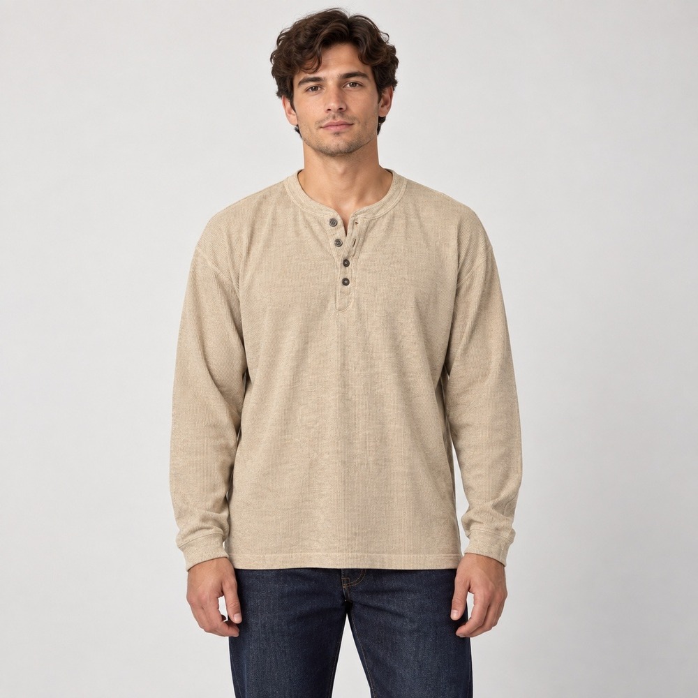 Levis Mens Long Sleeve Henley Shirt Tan Ribbed Knit Cotton Blend Large